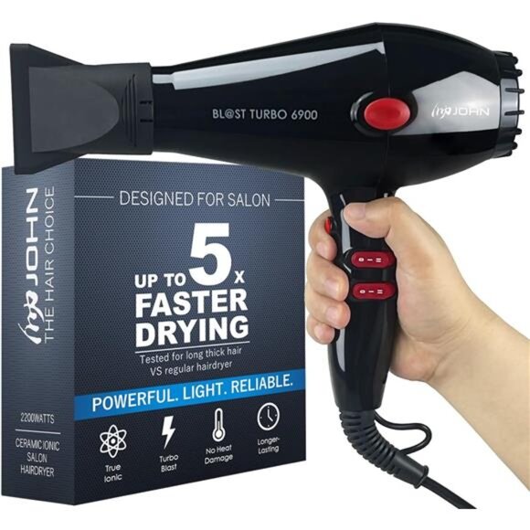 JOHN Super Fast Drying Hair Dryer, Ionic 2200W Professional Salon Blow Dryer